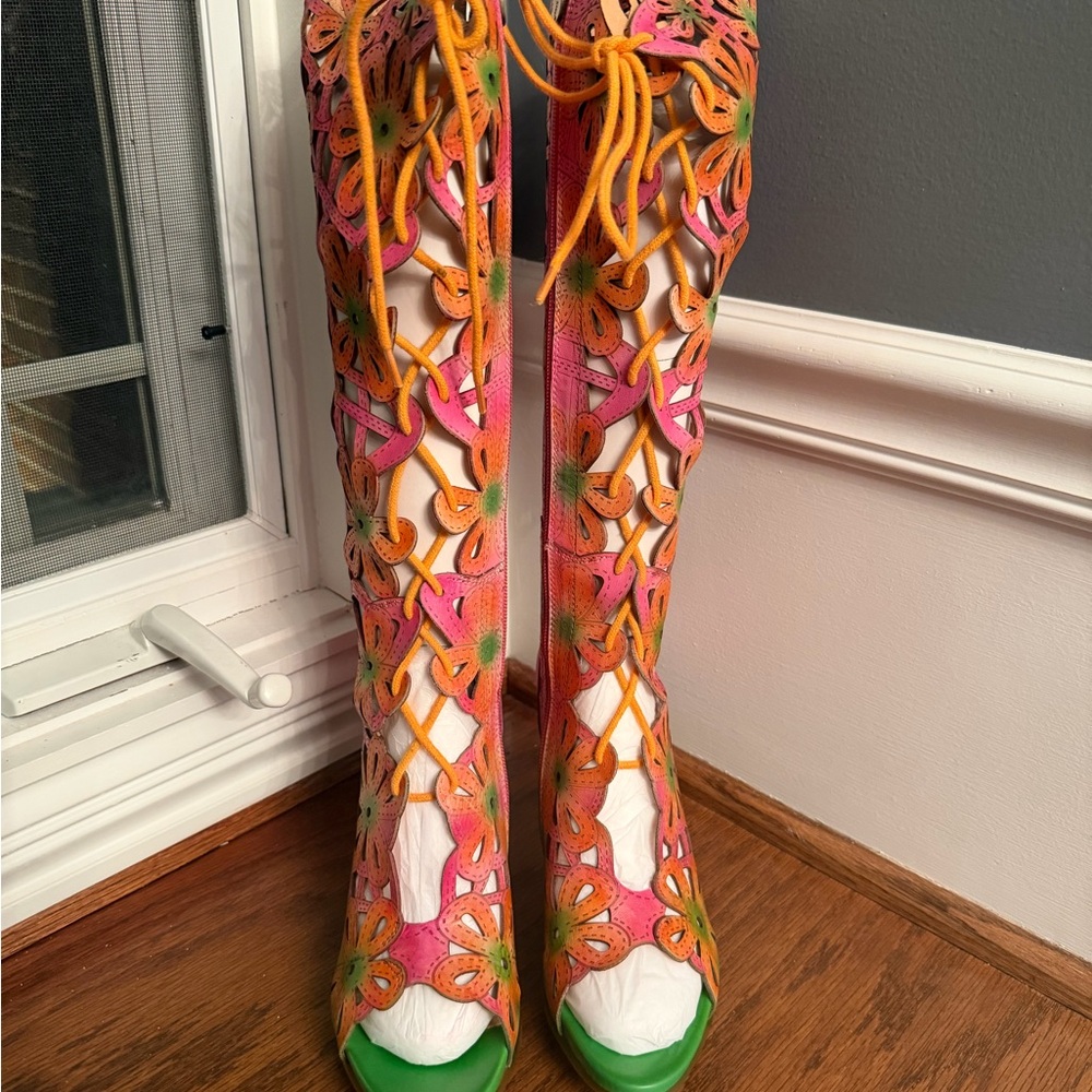 Women's Multicolor Floral Cutout Lace-Up Heeled Boots